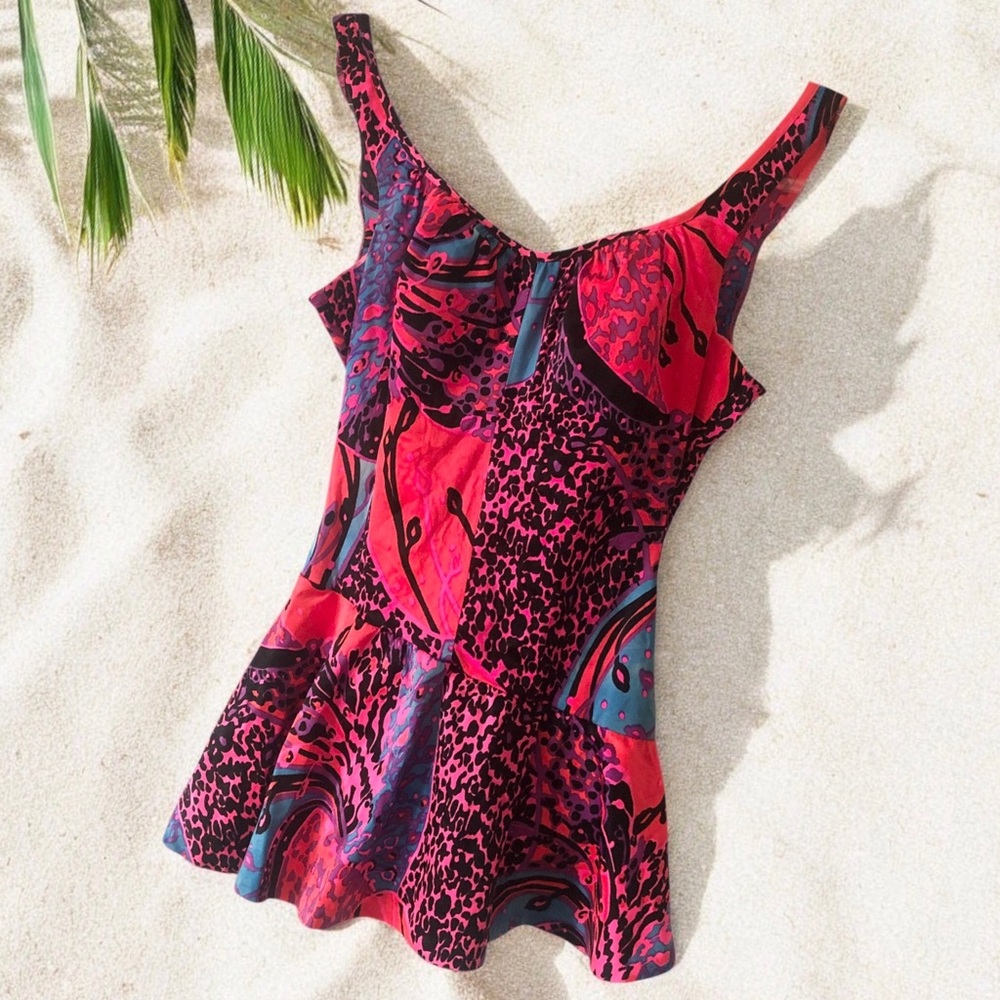 Vintage 70s Sirena California ￼Swim Bathing Suit 1 Piece Skirted Colorful ￼12-14